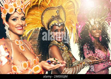 Dance, samba and portrait of women at event outdoor for culture, tradition and celebration. Happy, smile and people from Brazil dancing at traditional Stock Photo
