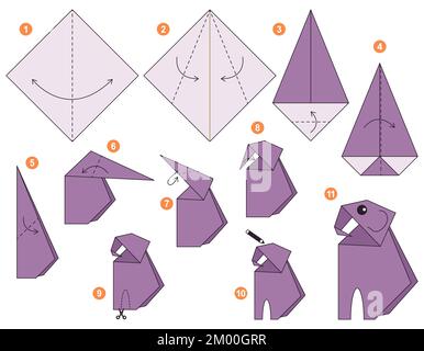 Origami tutorial for kids. Origami cute Elephant. Stock Vector