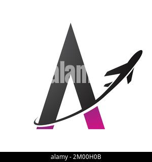 Illustration of Black and Magenta Letter A and Airplane isolated on a White Background Stock Vector