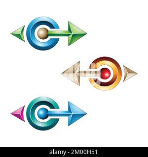 Illustration of Bold Glossy Embossed Arrows in Green Beige and Blue Colors isolated on a White Background Stock Vector