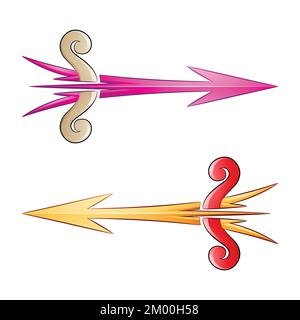Illustration of Cracked Arrow and Bow in Beige Magenta and Red Colors isolated on a White Background Stock Vector
