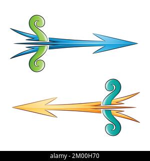 Illustration of Cracked Arrow and Bow in Green and Yellow Colors isolated on a White Background Stock Vector