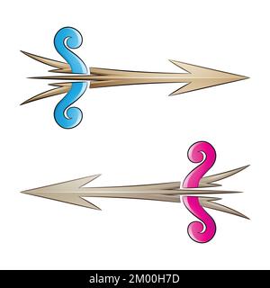 Illustration of Cracked Arrow and Bow in Blue and Magenta Colors isolated on a White Background Stock Vector