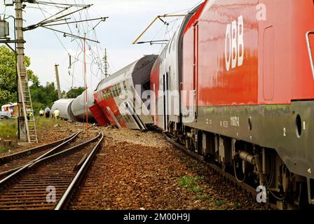 Gramatneusiedl, Austria - July 27, 2005: Train accident with wrecked wagons Stock Photo