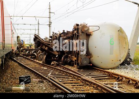 Gramatneusiedl, Austria - July 27, 2005: Train accident with wrecked wagons Stock Photo