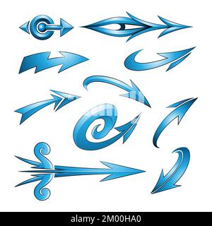 Illustration of Various Shaped Curvy Blue Arrows isolated on a White Background Stock Vector