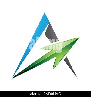 Illustration of Spiky Triangular Blue and Black Letter A with a Green Arrow isolated on a White Background Stock Vector
