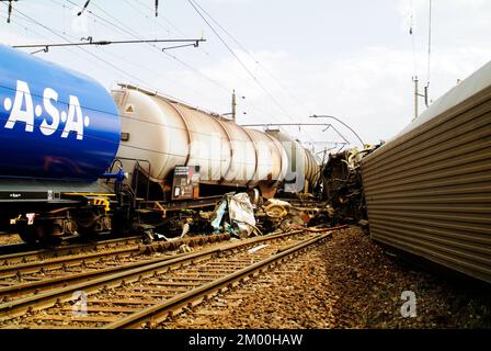 Gramatneusiedl, Austria - July 27, 2005: Train accident with wrecked wagons Stock Photo