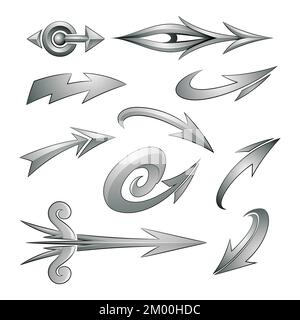 Illustration of Various Shaped Curvy Silver Arrows isolated on a White Background Stock Vector
