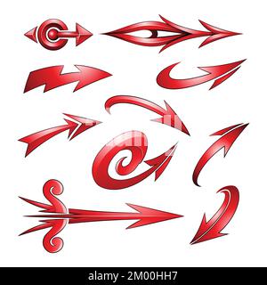 Illustration of Various Shaped Curvy Red Arrows isolated on a White Background Stock Vector