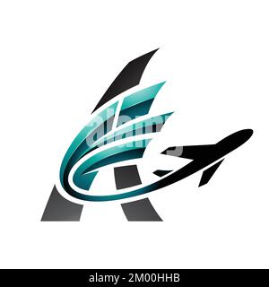 Illustration of Airplane with Green Glossy Tail Flying Over a Black Letter A isolated on a White Background Stock Vector