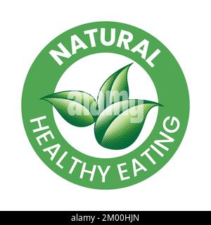 Natural Plant Based Engraved Round Icon of Green Leaves isolated on a White Background Stock Vector