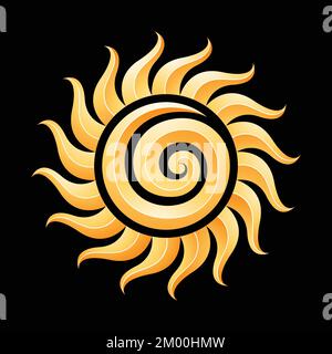 Illustration of Curvy Yellow Embossed Spiral Sun Icon on Black Background Stock Vector