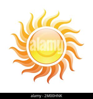 Illustration of Curvy Glossy Yellow Spiral Sun Icon with Wavy Sun Rays isolated on a White Background Stock Vector