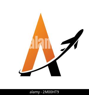 Illustration of Black and Orange Letter A with an Airplane isolated on a White Background Stock Vector
