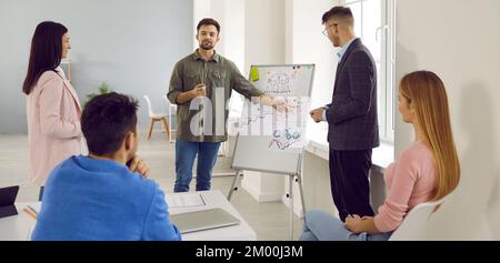 Team of young people having a business meeting in their office with a whiteboard Stock Photo
