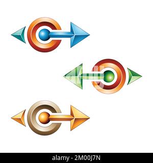 Illustration of Bold Glossy Embossed Arrows in Blue Green and Beige Colors isolated on a White Background Stock Vector