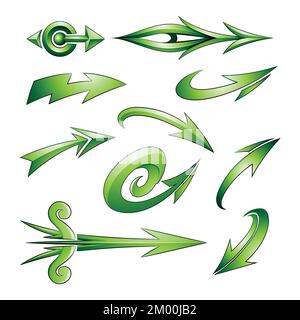Illustration of Various Shaped Curvy Green Arrows isolated on a White Background Stock Vector