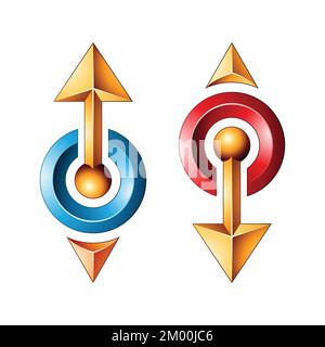 Illustration of Bold Embossed Glossy Arrows in Red and Yellow Colors isolated on a White Background Stock Vector