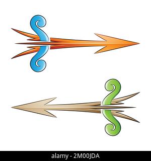 Illustration of Cracked Arrow and Bow in Blue Green and Beige Colors isolated on a White Background Stock Vector