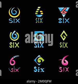 Colorful Glossy Number 6 Icons on a Black Background Stock Vector