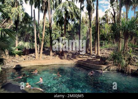 Mataranka, Australia - April 21, 2012: Unidentified people enjoy the warm water of the natural thermal pool on the top end of Northern Territory Stock Photo
