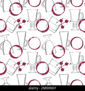 Pattern Viva Magenta color 2023 wine stain and drops with glasses for drinks and whiskey, red watercolor stains, hand drawn doodle. Vector illustration Stock Vector