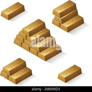 Stacks of Gold Bars with Embossed Text isolated on a White Background Stock Vector