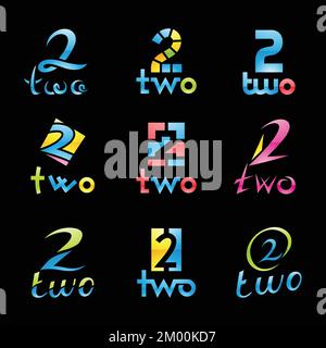 Colorful Glossy Number 2 Icons on a Black Background Stock Vector