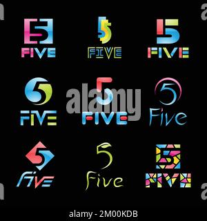 Colorful Glossy Number 5 Icons on a Black Background Stock Vector