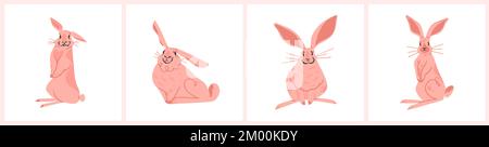Hand drawn abstract vector graphic clipart illustration collection with pink adorable cute,realistic bunny character.Trendy kids modern design concept Stock Vector