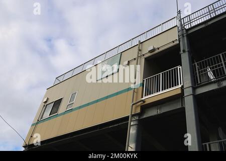 Sendai, Miyagi, Japan, December 2022.Nakano 5-chome Tsunami Evacuation Tower and surrounding scenery. Stock Photo