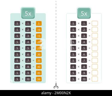 Multiplication table for the number 5, two versions of the multiplication table with the answer and for practice. Vector template. Stock Vector