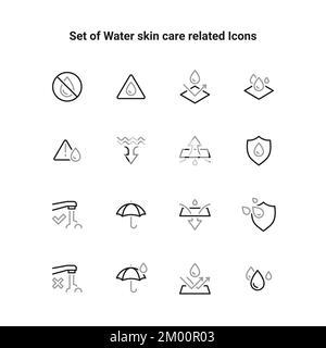 Contains such Icons as Drop Warning, Moisture Resistant Textile, Allowed to wash under water and more. Outline of water vector icon for web design iso Stock Vector
