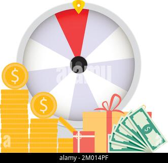 Award in lottery, prize in fortuna wheel, gift money. Vector illustration. Win award, success game, gold dollar coins, lotto event, banner entertainme Stock Vector