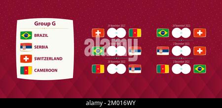 Football international tournament Group G matches, national soccer team schedule matches for 2022 competition. Vector template. Stock Vector