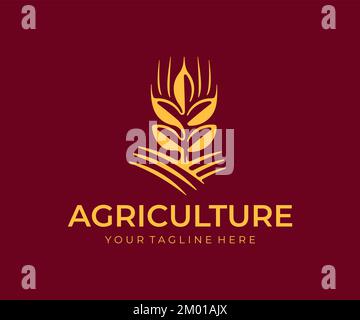 Wheat ears or spikelets with grains, whole grains and cereals grain, logo design. Agriculture, cereals harvest, farming, healthy food and bakery Stock Vector