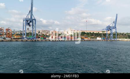 Haydarpasa port. Port of Hardarpasa in Istanbul. Trading goods overseas via merchant ships. Import export concept. Istanbul, Turkey, December 3, 2022 Stock Photo