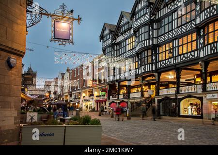 Chester, United Kingdom - November 30th, 2022: Christmas lights decorate old town of Chester Stock Photo