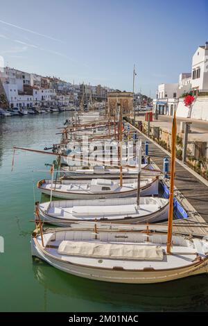 Ciutadella Spain. Old fishing boats at Port in the spanish town of Ciutadella, Menorca, Balearic Islands, Spain Stock Photo