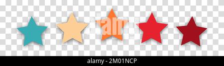 Colorful rating 5 stars in retro style on a transparent background. Feedback concept for mobile app or website. Quality shape design. Vector illustrat Stock Vector