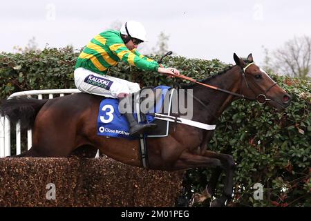 Jonbon ridden by jockey Aidan Coleman on their way to winning the Close Brothers Henry Viii Novices' Chase during day two of The Betfair Tingle Creek Festival at Sandown Park Racecourse, Esher. Picture date: Saturday December 3, 2022. Stock Photo