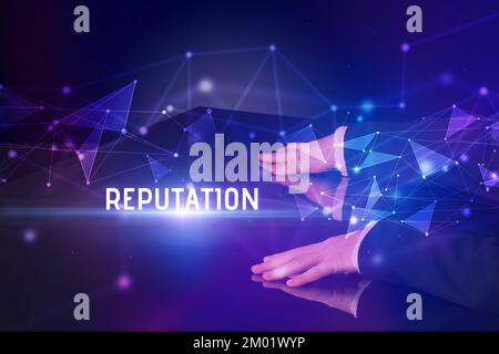 Businessman touching huge screen concept Stock Photo
