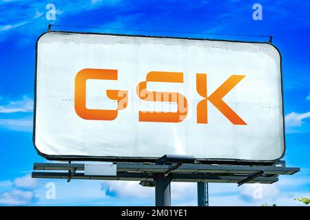 POZNAN, POL - OCT 28, 2022: Advertisement billboard displaying logo of  GSK, a pharmaceutical and biotechnology company with global headquarters in Lo Stock Photo