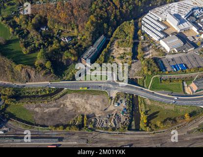 Aerial view, old screw factory Funcke and Hueck, confluence of river Volme and river Ennepe, railroad station back road, Altenhagen, Hagen, Ruhr area, Stock Photo