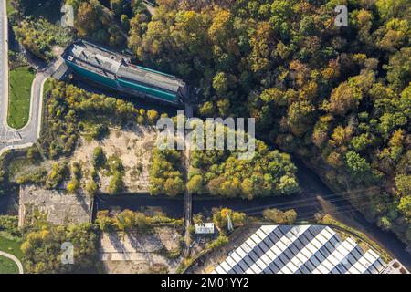 Aerial view, Old screw factory Funcke and Hueck, confluence river Volme and river Ennepe, Altenhagen, Hagen, Ruhr area, North Rhine-Westphalia, German Stock Photo