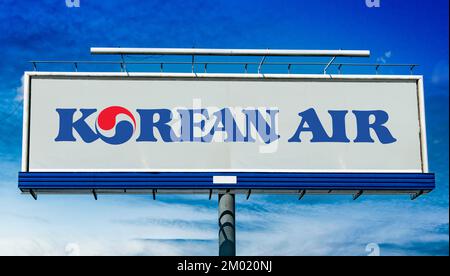 POZNAN, POL - JUN 23, 2022: Advertisement billboard displaying logo of Korean Air, the largest airline and flag carrier of South Korea Stock Photo