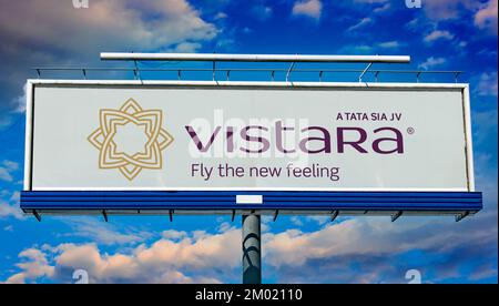 POZNAN, POL - JUN 23, 2022: Advertisement billboard displaying logo of Vistara, an Indian full-service airline, based in Gurgaon, with its hub at Indi Stock Photo