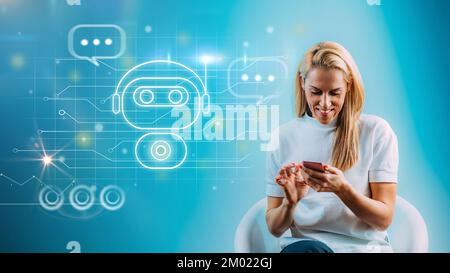 Woman using a chatbot on her smartphone Stock Photo