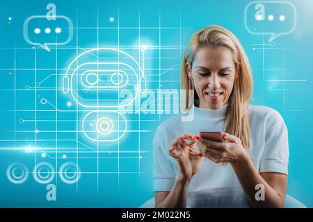 Woman using a chatbot on her smartphone Stock Photo
